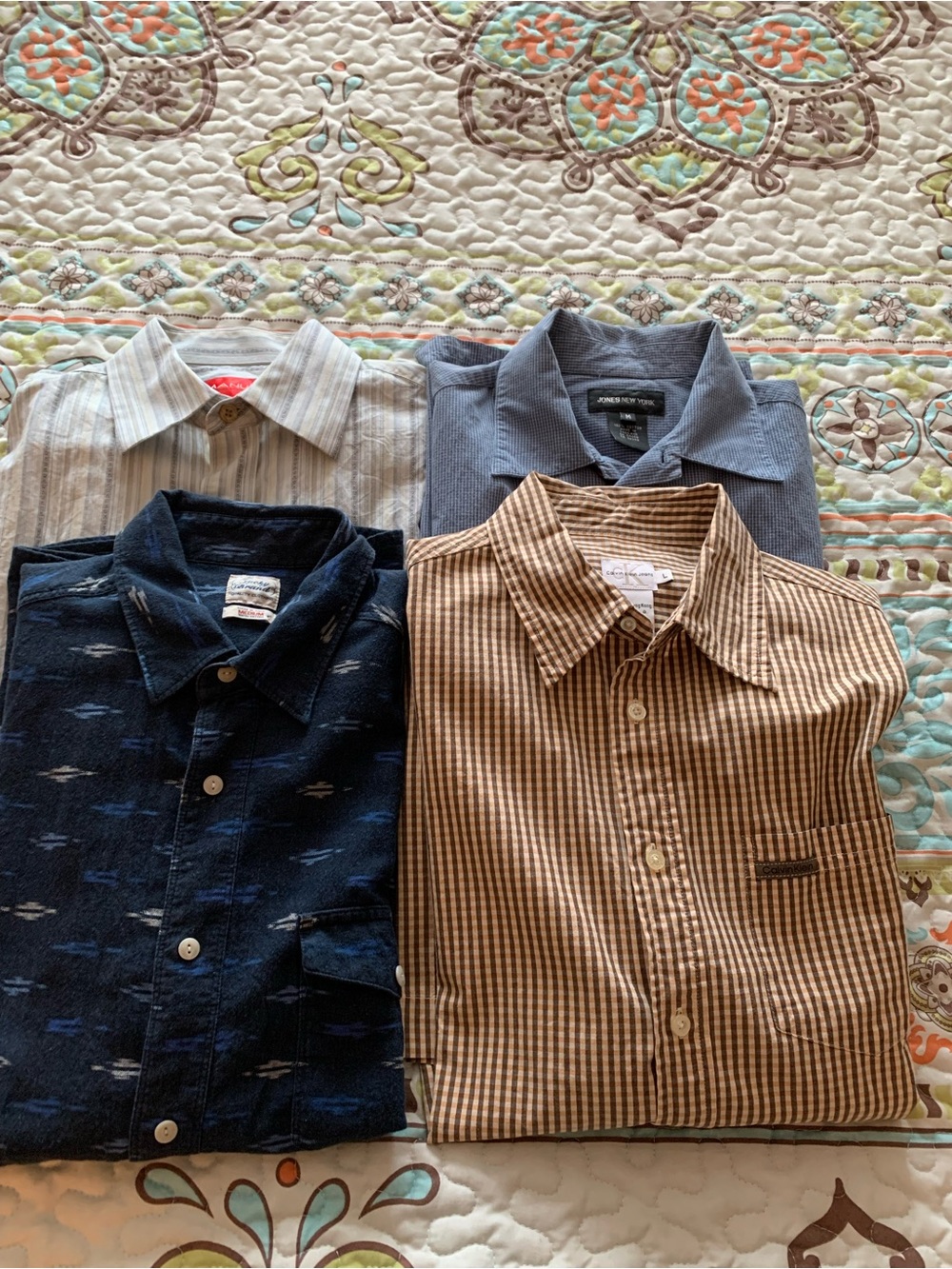 Calvin Klein,JNY, Lucky, Emanuel - 4 Casual Button-Down Shirts- Blue, Tan